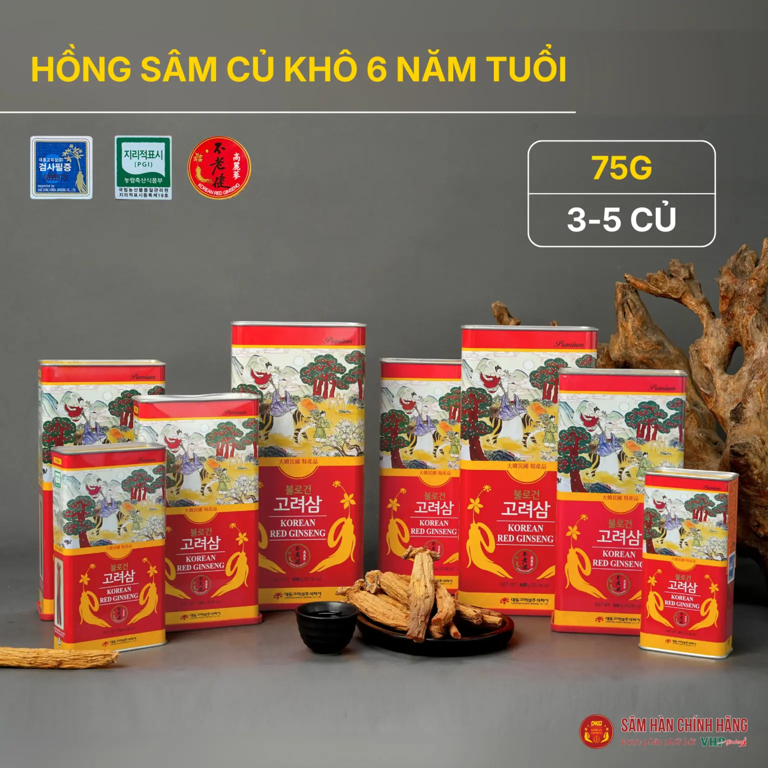 Hồng sâm củ khô Hàn Quốc, 6 năm tuổi, 3-5 củ, 75g/hộp